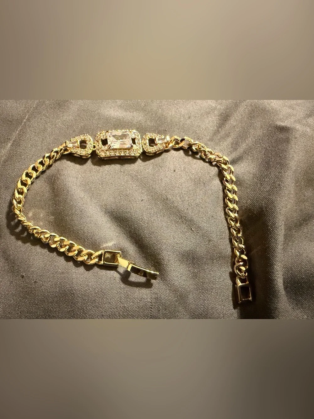 Gold-Tone Chain Bracelet with Rectangular Crystal Accent